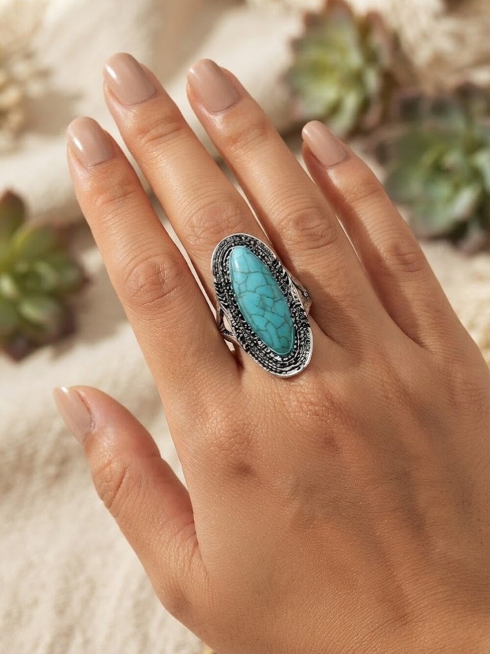 Silver Turquoise Oval Statement Ring - Women Jewelry - Picture 3 of 6